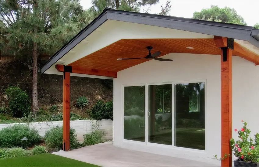 Detached accessory dwelling unit with covered patio and sliding glass doors