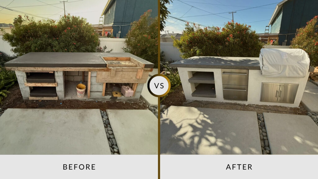 Before and after outdoor kitchen remodel showing a San Diego backyard upgrade with a built-in grill, modern cabinets, and finished outdoor cooking space.