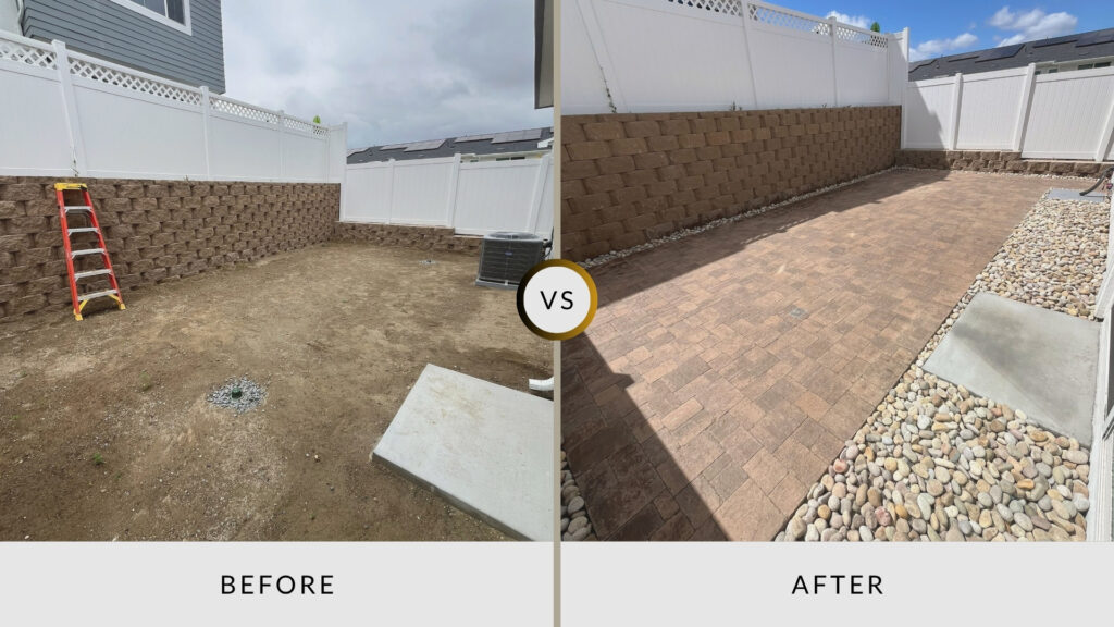 Custom paver walkway installation in San Diego CA with river rock accents showing backyard transformation before and after.