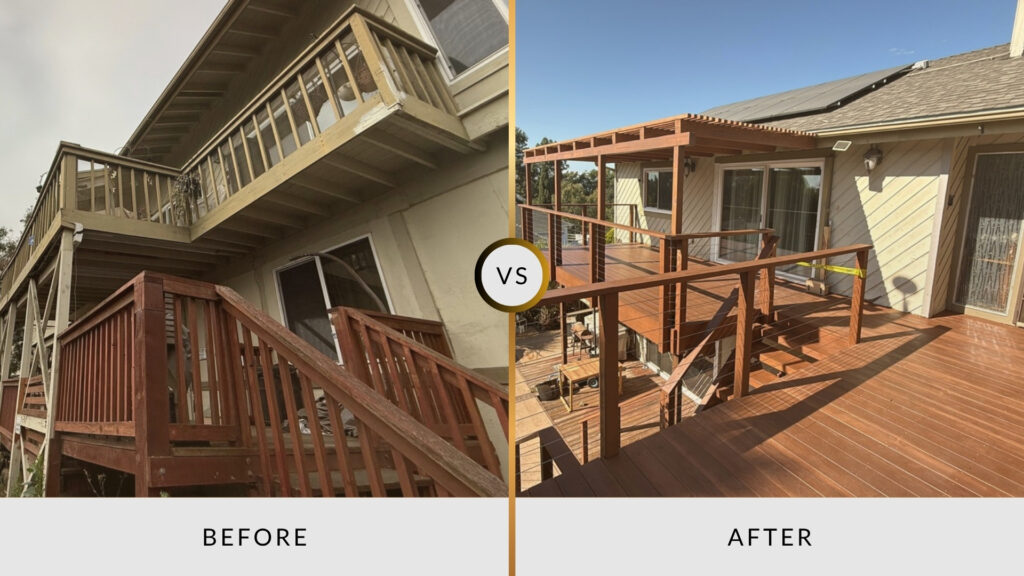 Custom deck builders in San Diego transforming an old backyard deck into a modern elevated outdoor living space with pergola.