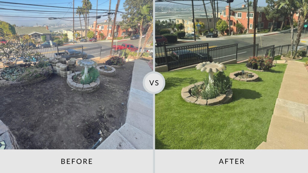 Artificial turf installation San Diego before and after, showing a hilltop yard upgraded with green turf, circular garden beds, and landscaping.