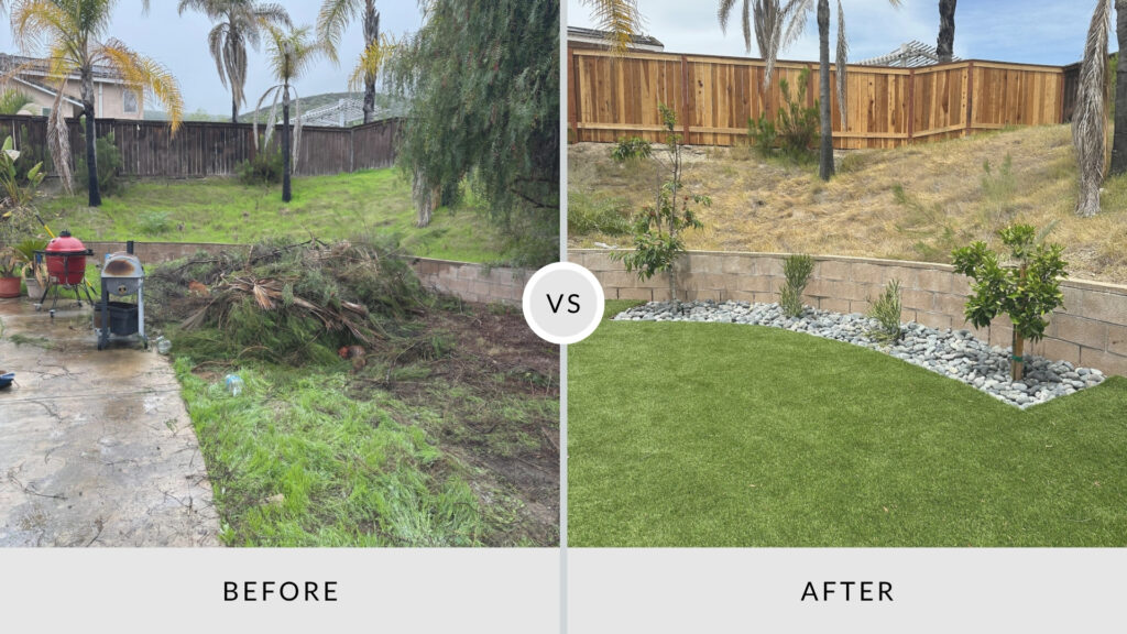 Before-and-after backyard remodel with artificial turf installation, river rock landscaping, new plants, and a cedar fence.