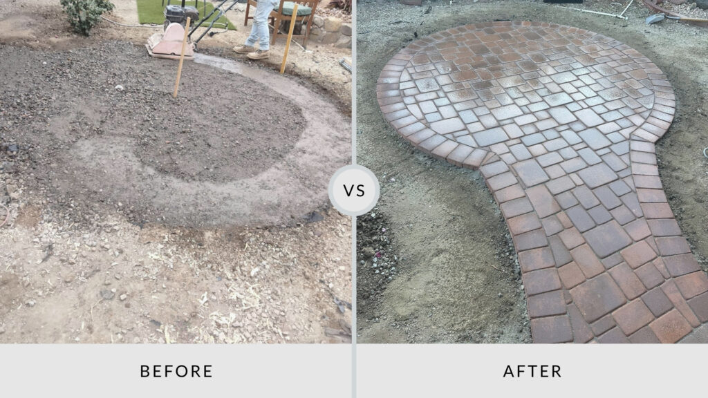 Before-and-after view of a custom paver installation showing a prepared gravel base transformed into a curved circular patio and walkway with patterned brick pavers.