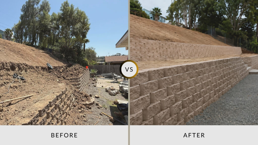 Multi-level retaining wall installation in La Mesa CA showing before and after landscape transformation.