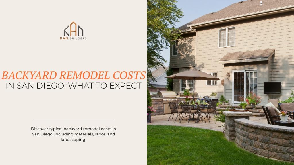 Backyard remodel cost guide in San Diego featuring a finished outdoor living space with patio seating, landscaping, and an outdoor kitchen
