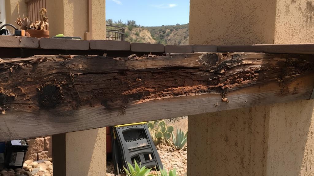 Severely rotted wood deck beam in San Diego showing crumbling, decayed timber and extensive structural damage