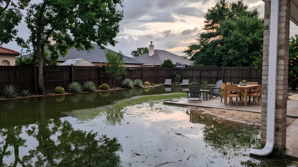 Backyard flooding in San Diego with standing water covering a lawn and reaching the edge of an outdoor patio after heavy rain