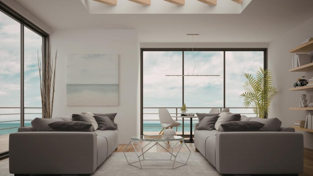 Full home remodeling project in San Diego featuring a modern living room with ocean views, large windows, contemporary design, and open-concept interior space