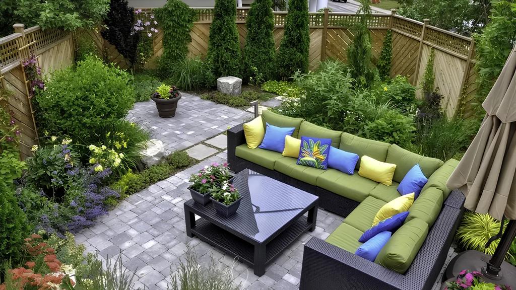 Landscaped backyard with paver patio, outdoor sectional seating, and garden beds