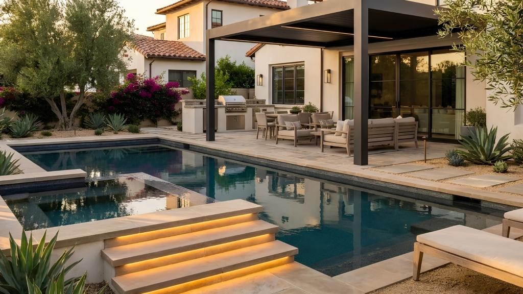 Luxury outdoor living space in San Diego with a custom pool, pergola-style patio cover, built-in outdoor kitchen, and modern backyard design