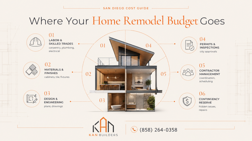 Home remodel budget guide in San Diego showing renovation costs breakdown for labor, materials, design, permits, contractor management, and contingency planning