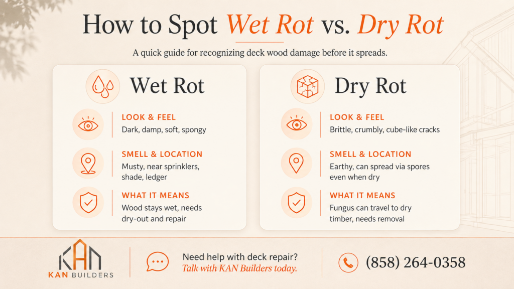 Wet rot vs dry rot infographic showing how to identify deck wood damage by appearance, smell, location, and condition