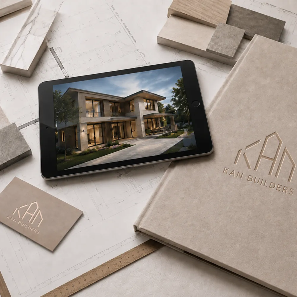 Flatlay of material samples, an architectural render on a tablet, and KAN-branded stationery on a blueprint