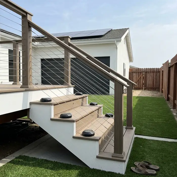Deck cable railing with stairs and riser lighting