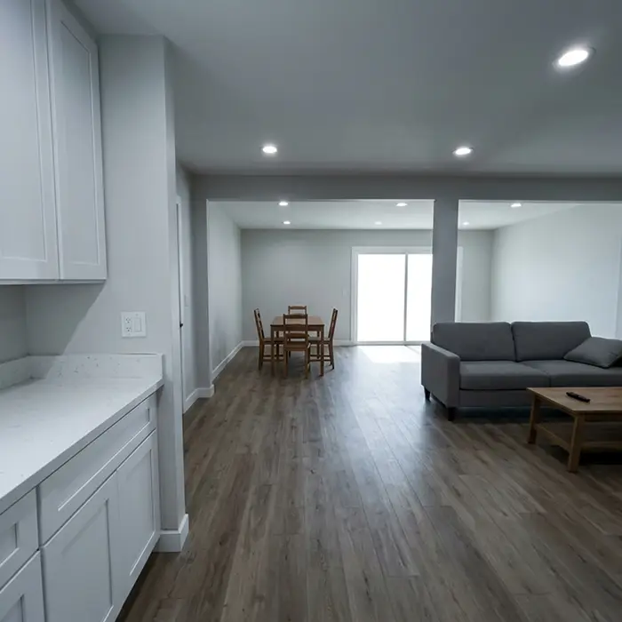 Kitchen open to dining and living in a whole home remodel