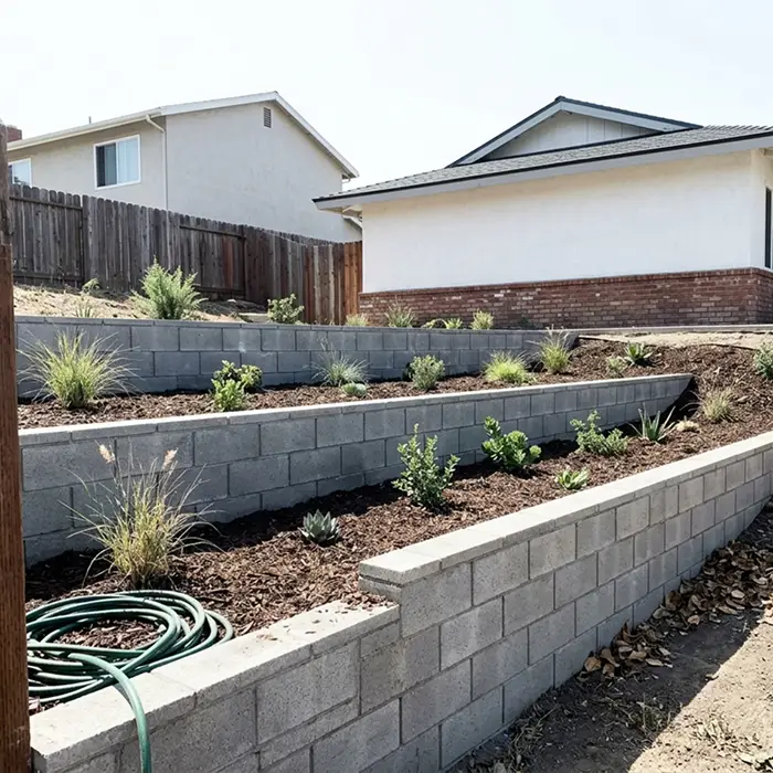 Terraced tiered retaining walls stepping up a slope