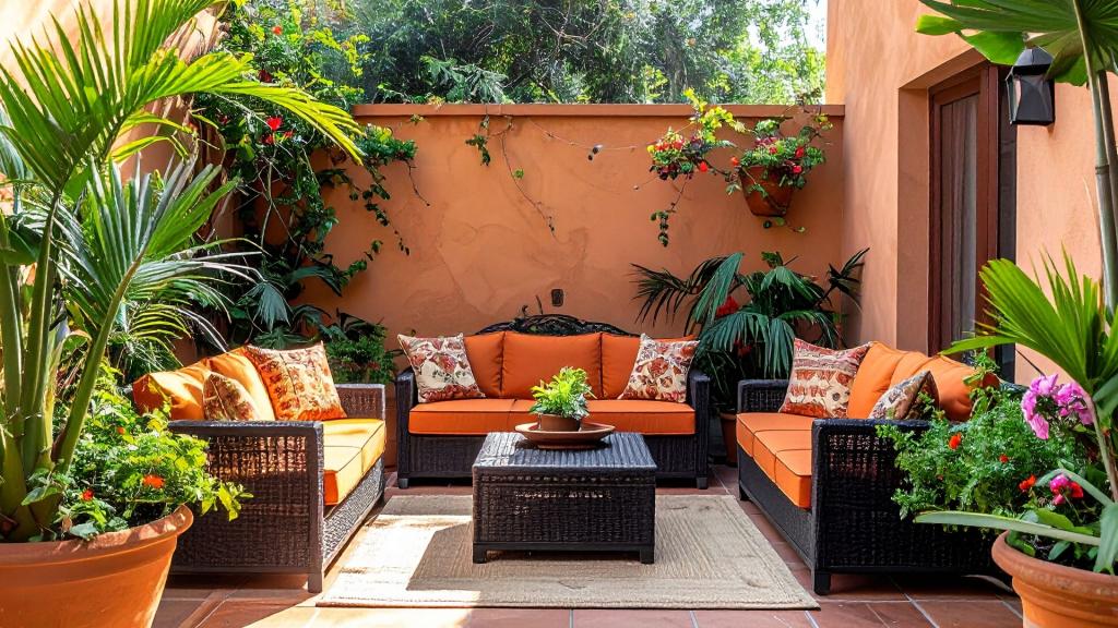 Patio remodeling ideas in San Diego featuring a tropical backyard outdoor living space with stylish seating, lush plants, and a comfortable patio design