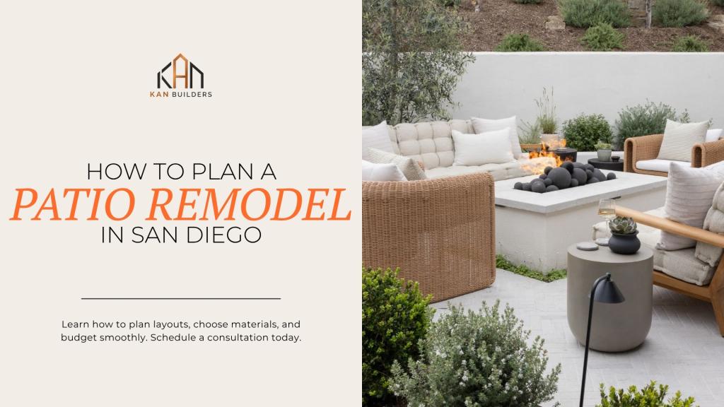 Patio remodeling ideas guide featuring a modern San Diego outdoor living space with a fire pit, seating area, and landscape upgrades