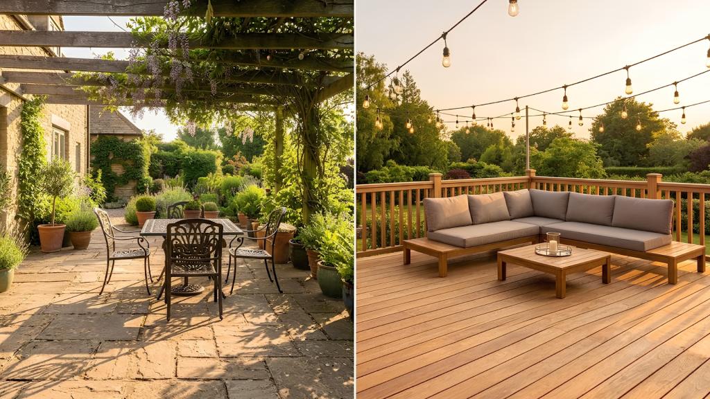Side-by-side patio vs deck comparison showing a stone patio with dining furniture and a wooden deck with lounge seating