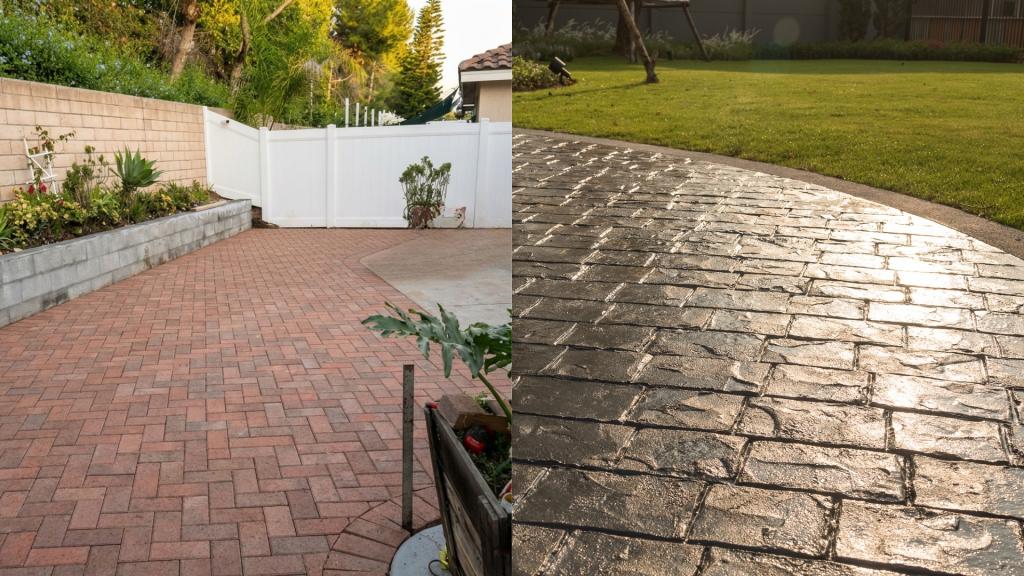 Pavers vs stamped concrete comparison showing a brick paver patio and textured stamped concrete surface for outdoor landscaping projects