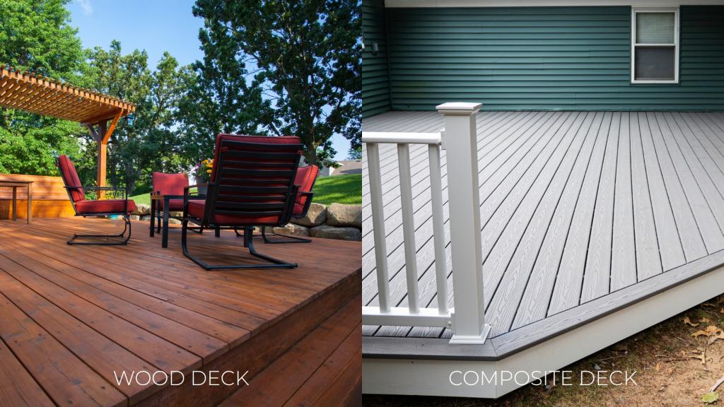 Wood deck and composite deck side-by-side comparison showing natural wood boards and gray composite decking