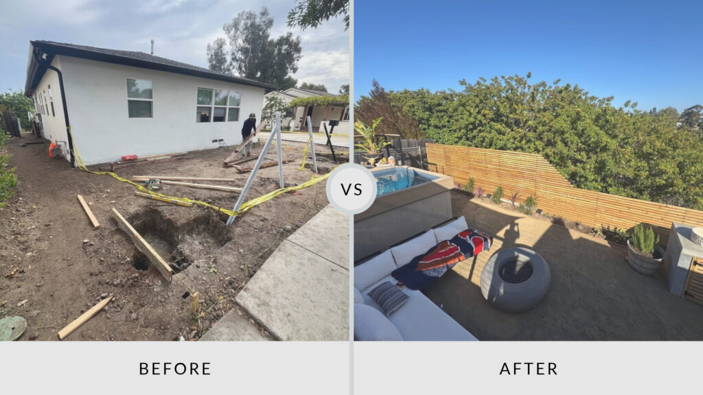 A split-screen comparison showing a backyard under construction with dirt and framing, versus the finished patio with a pool, sofa, and fire pit.
