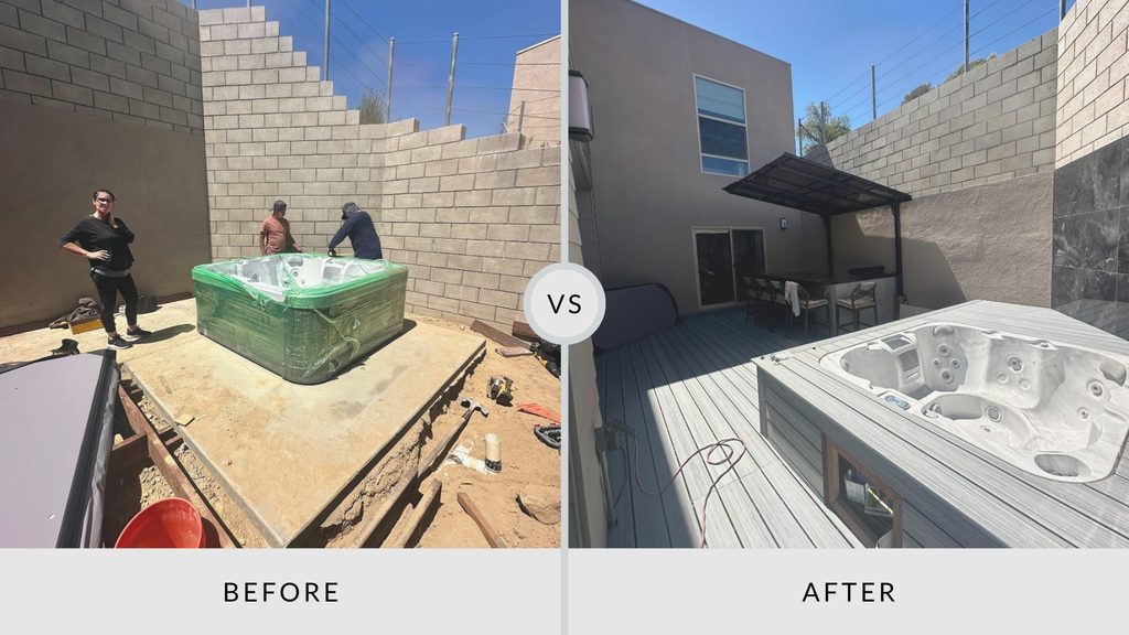 Before and after backyard remodeling with composite deck, hot tub, and pergola