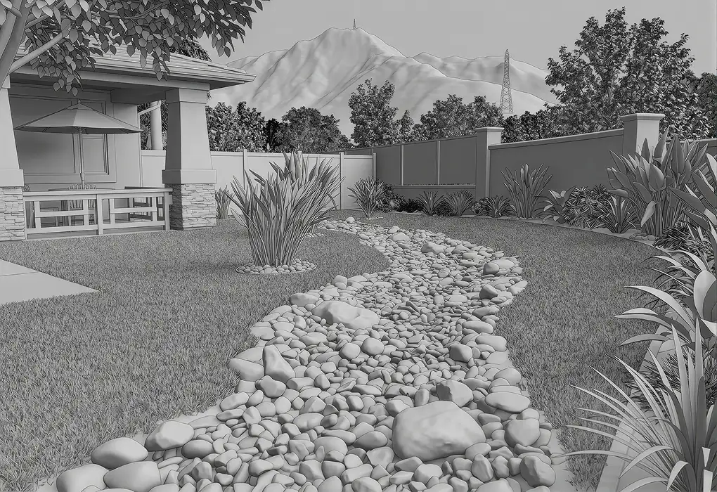 3D rendering of an artificial turf lawn with a curving dry creek bed of river rock and a hillside view