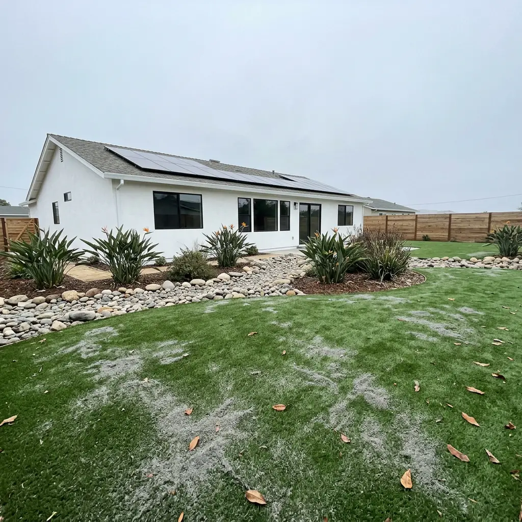 Artificial turf backyard with a dry creek bed installed by KAN Builders in San Diego County