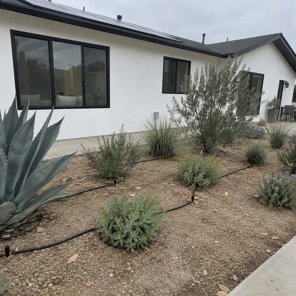 Drought-tolerant plants spaced in decomposed granite with black drip tubing and emitters at each base