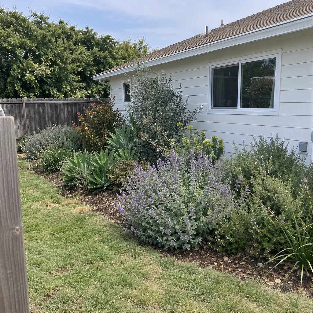 Mature drought-tolerant planting bed with shrubs grown together closing their gaps and mulch hidden by foliage