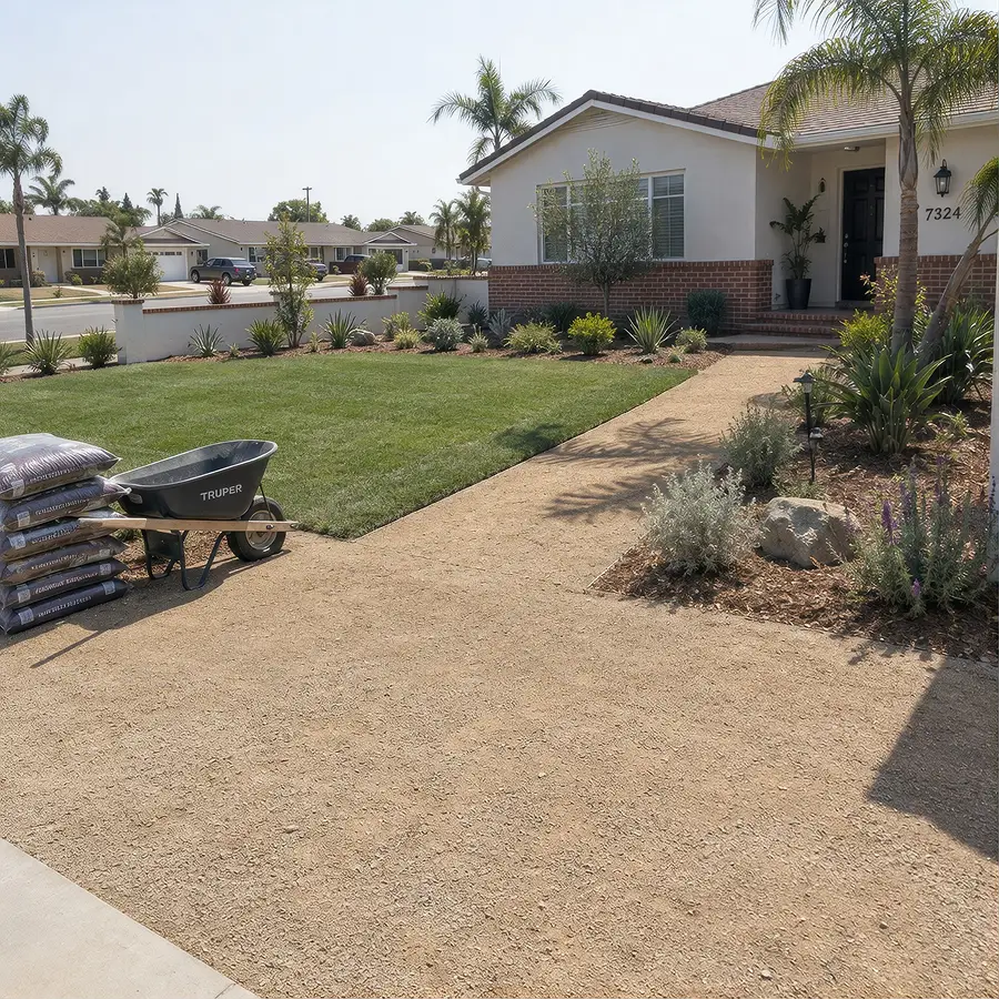 Newly installed front-yard landscaping with mixed planting beds and a decomposed-granite path at a San Diego home