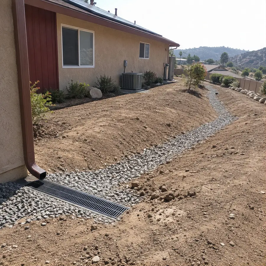 Graded yard with a gravel-lined drainage swale and flush channel drain directing water away from beds