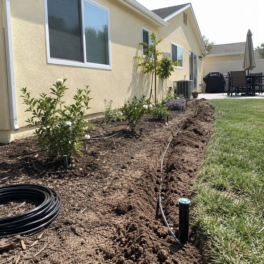 Black drip tubing with emitters at plant bases and a pop-up sprinkler head at the lawn edge