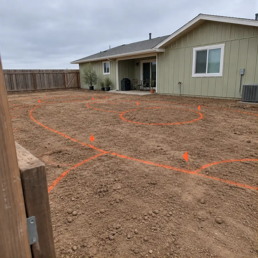 Bare dirt yard marked with orange spray-paint curves and survey flags outlining planting beds