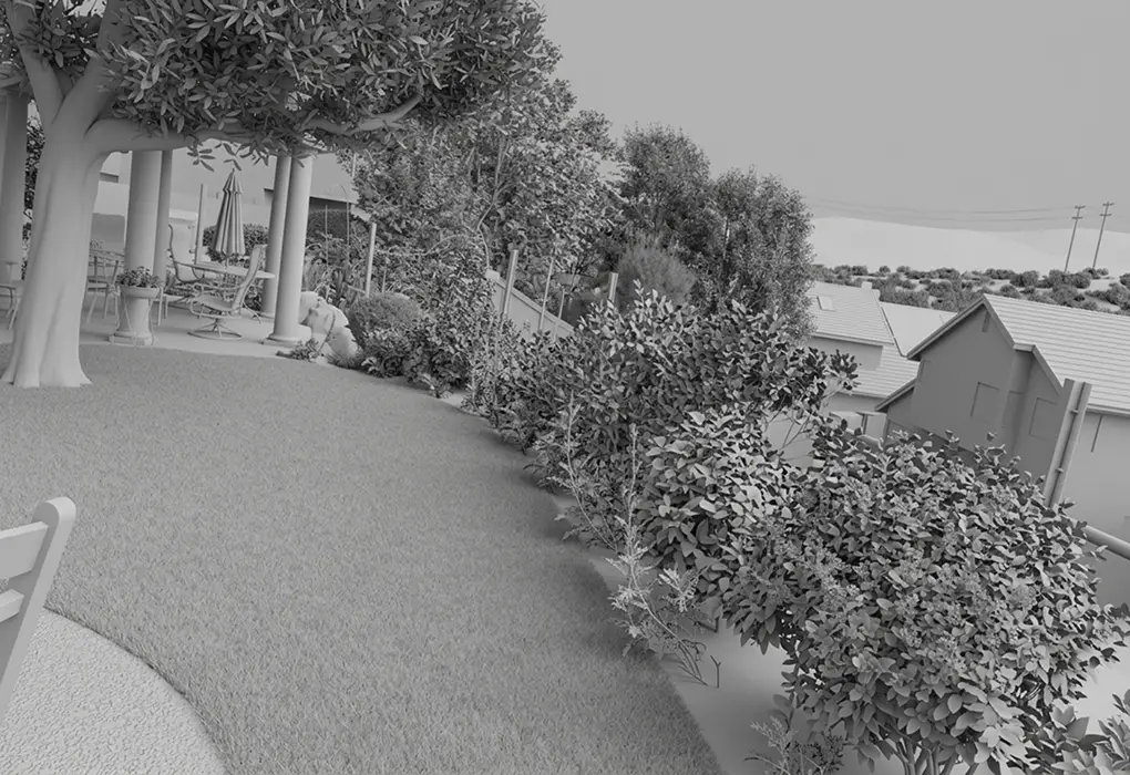 Grayscale 3D rendering of a backyard with curving lawn, planted border and hillside view