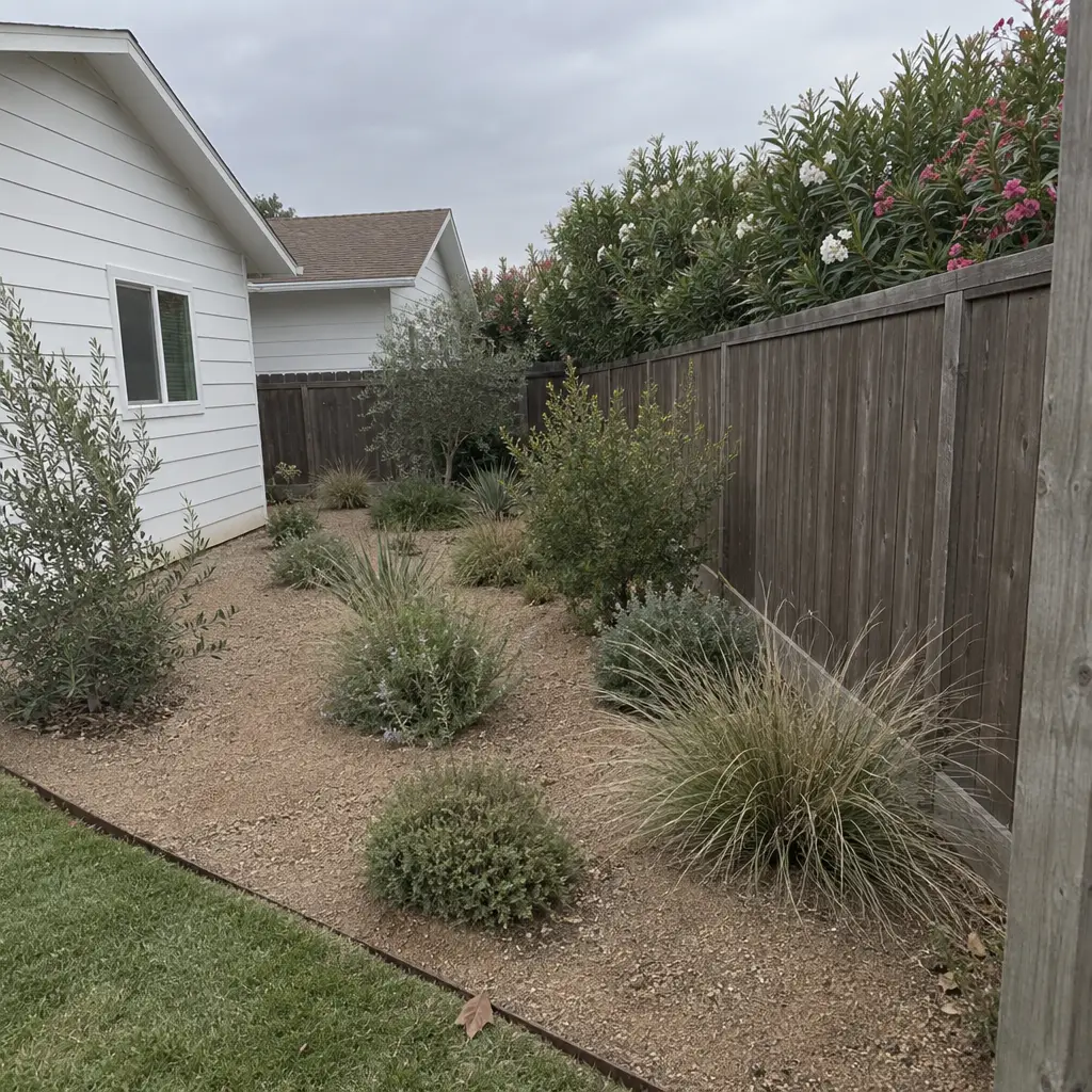 Low-water planting bed with drought-tolerant native shrubs and decomposed granite