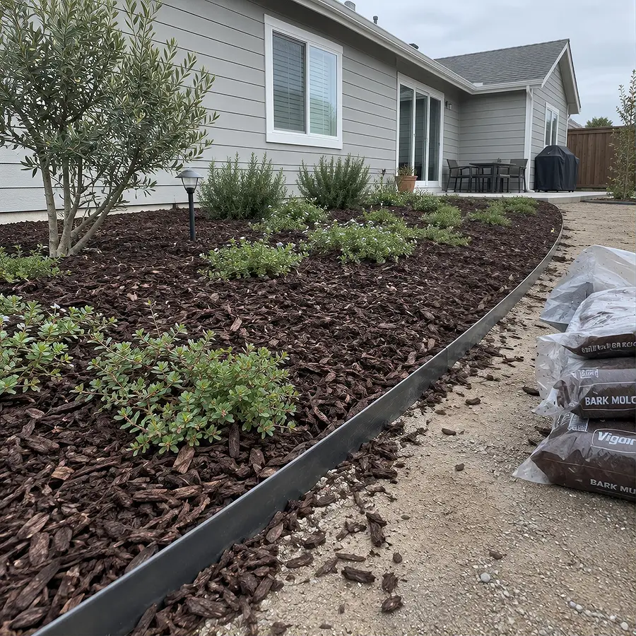 Fresh dark bark mulch spread behind a steel edging strip with young ground cover starting to fill in