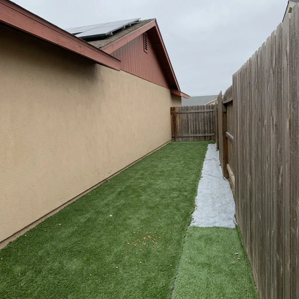 Narrow pet-rated turf dog run on a drainage pad along a fenced side yard