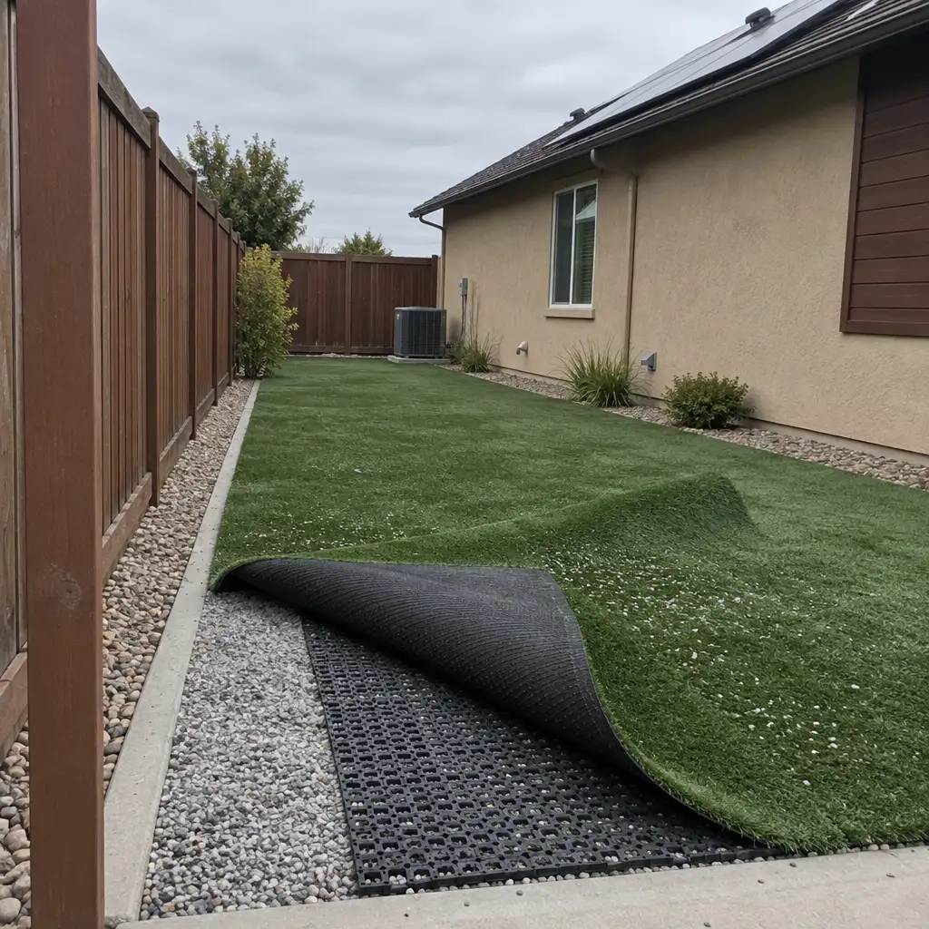 Pet turf rolled back to reveal a permeable black drainage pad over a free-draining aggregate base