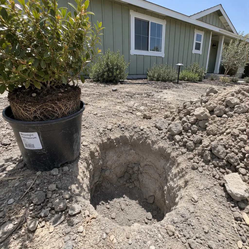Planting hole dug in pale compacted builder fill with a nursery shrub and its tight root ball beside it