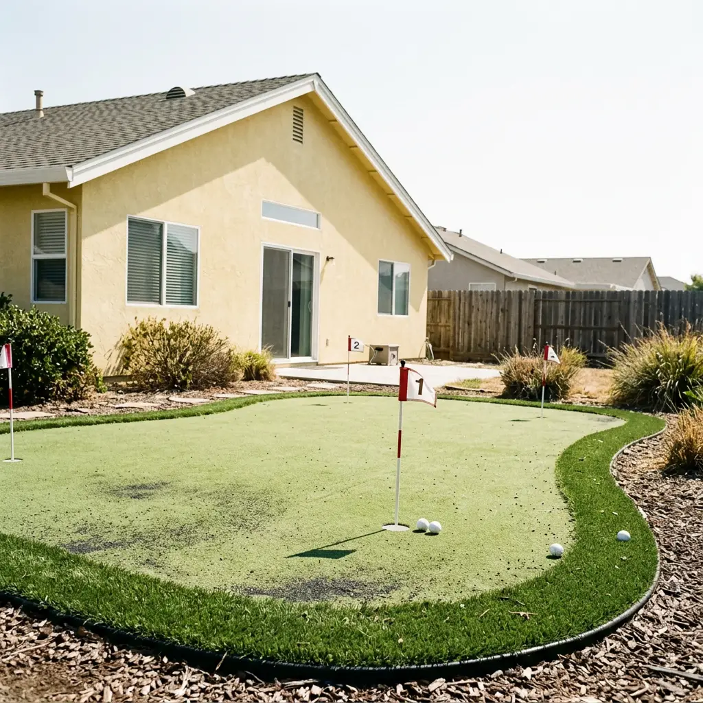 Backyard putting green with flagged cups and a fringe border around the short-pile surface