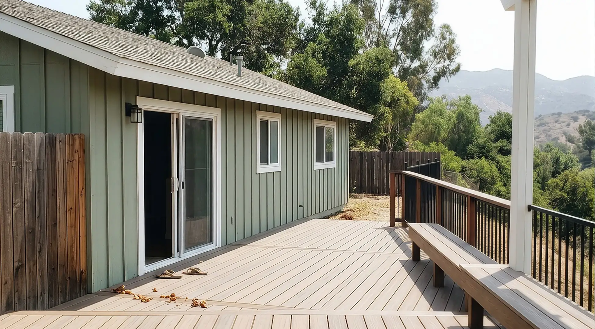 Composite deck with a white pergola and built-in bench overlooking a sloped San Marcos hillside yard