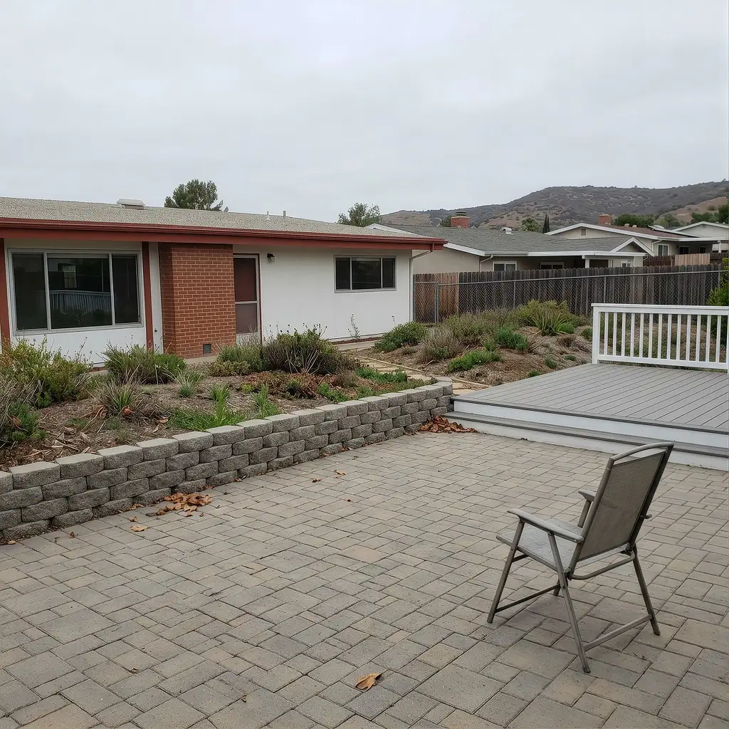 Composite deck and paver patio at different levels separated by a block retaining wall on a San Marcos hillside lot