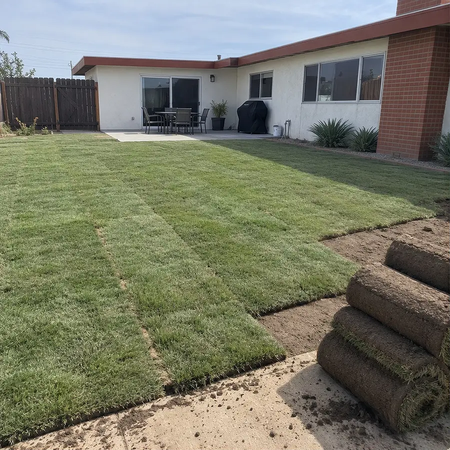 Fresh sod rolls being laid over prepared soil with visible seams between strips