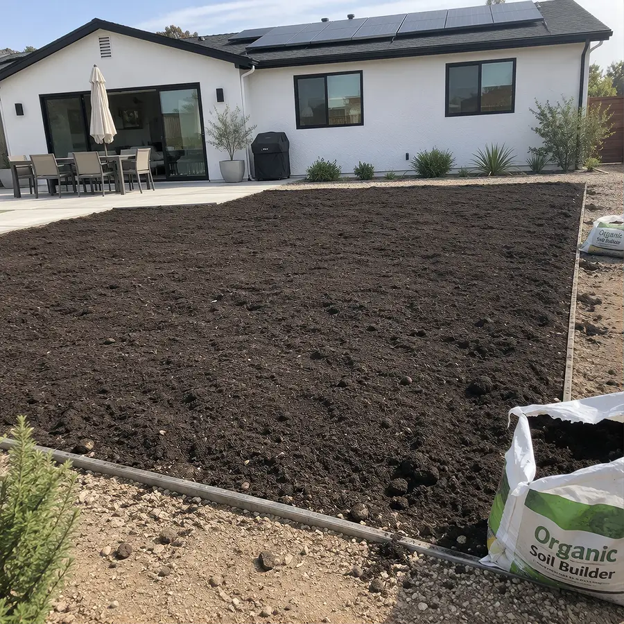 Dark tilled and amended soil raked smooth in a prepared backyard planting bed