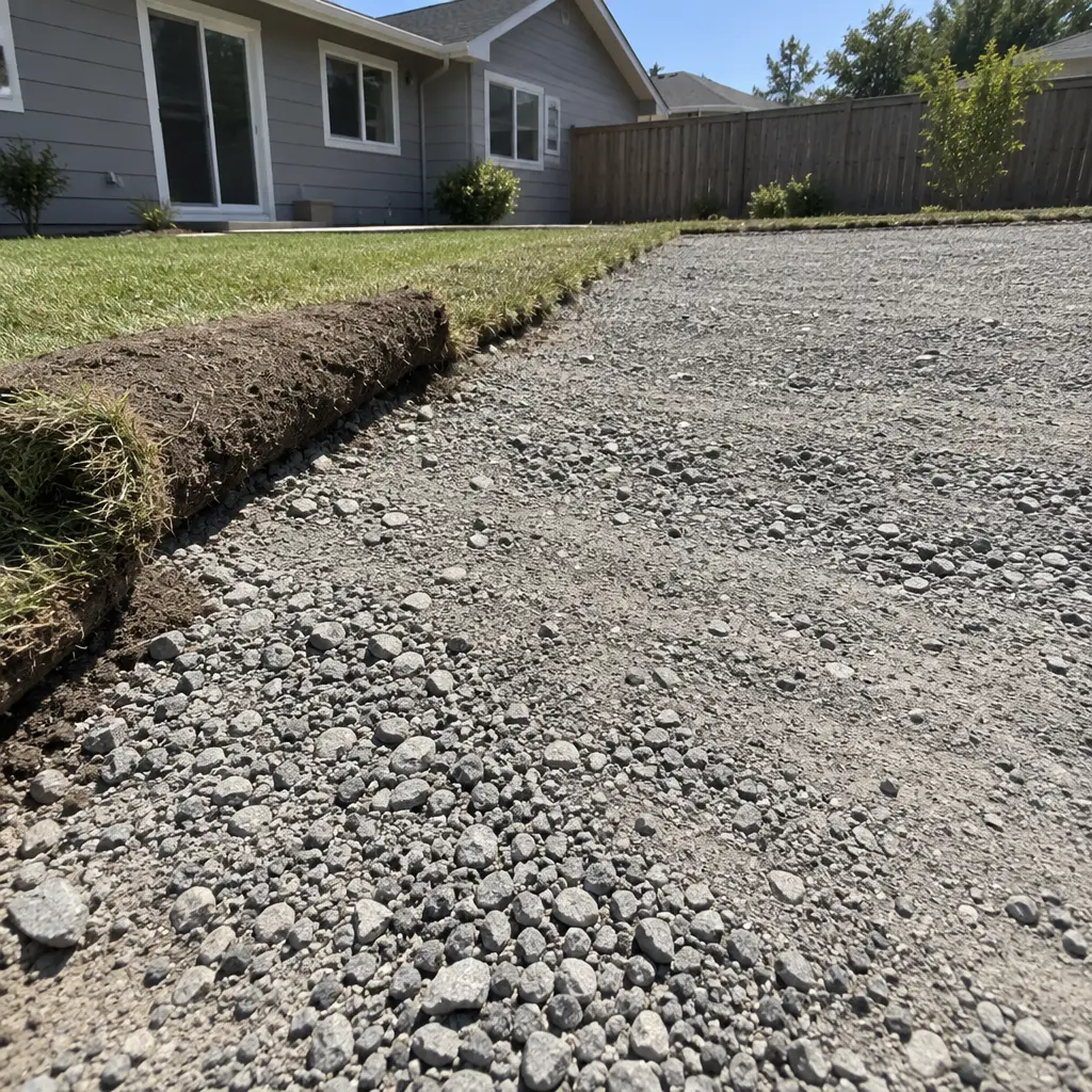 Compacted aggregate base graded to fall with a section of turf rolled back showing the drainage layer