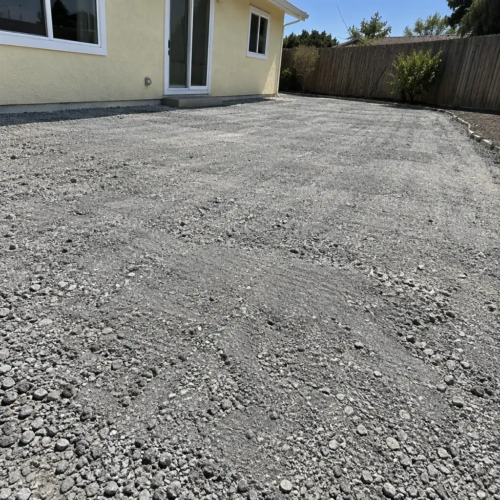 Compacted grey aggregate base graded to a visible fall with faint compaction marks before turf installation