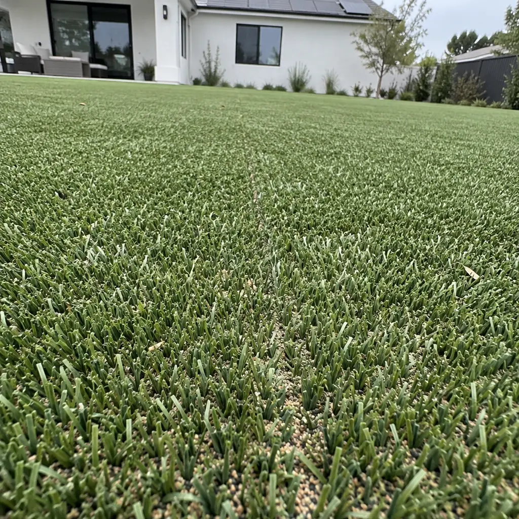 Close view of sand infill between upright turf blades with a planned seam barely visible