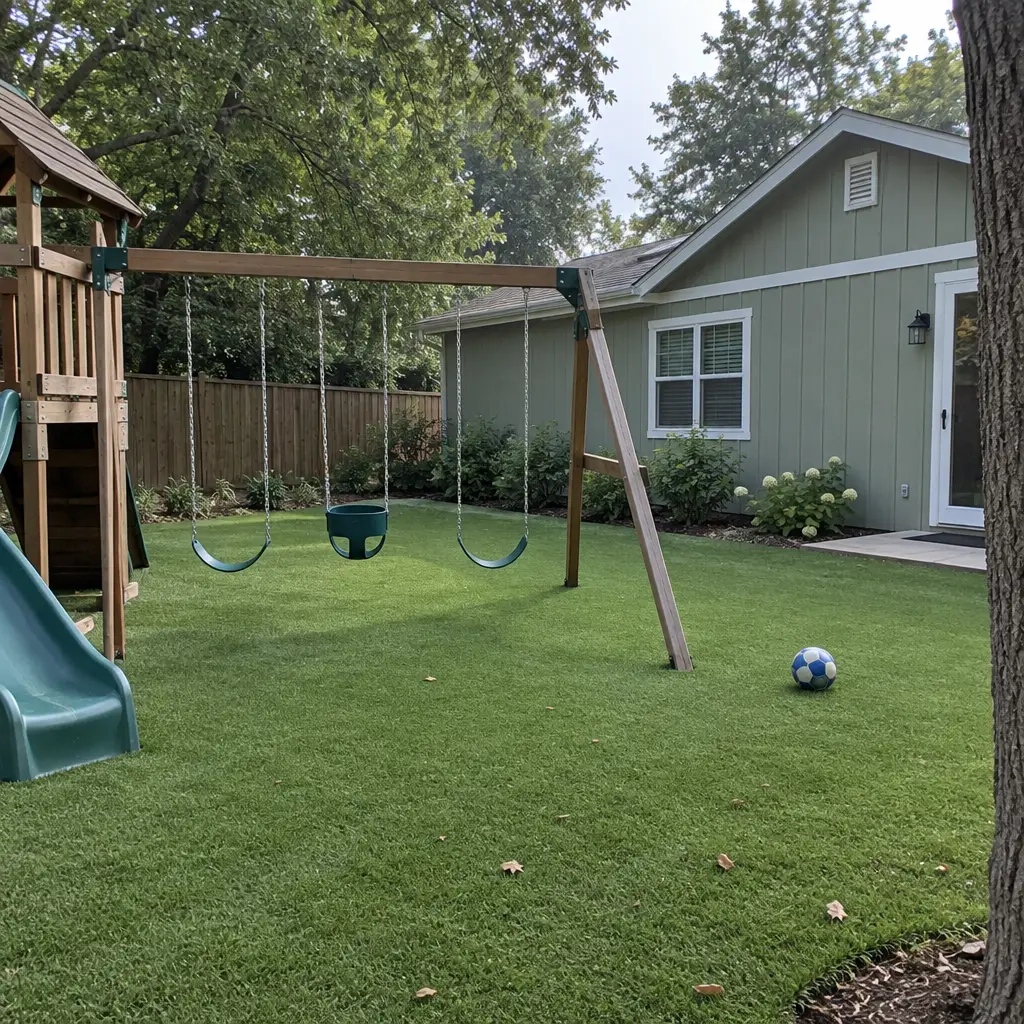 Synthetic turf play area over a shock pad beneath a backyard swing set